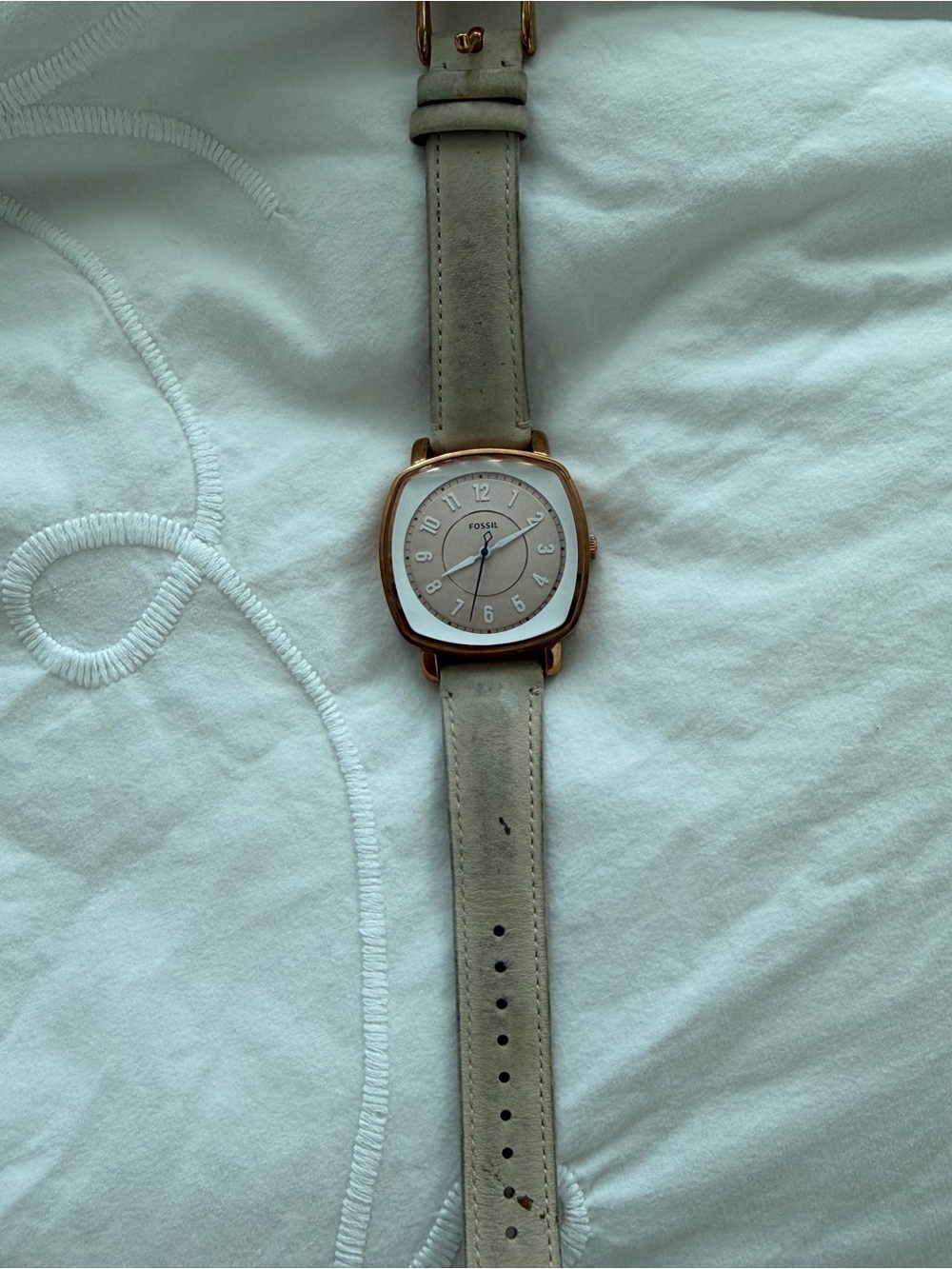 Fossil Rose Gold Square Case Watch with Beige Strap